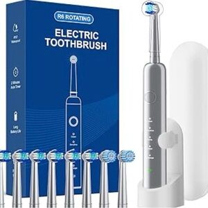 NEW - Rotating Electric Toothbrush for Adults, 8 Brush Heads (2 Types) & Travel